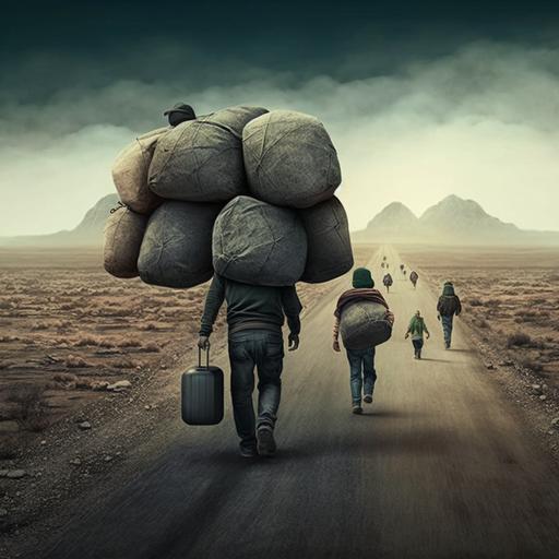 family walking down a desolate road, each one carrying a big load on his back