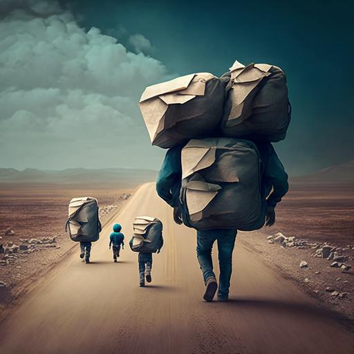 family walking down a desolate road, each one carrying a big load on his back