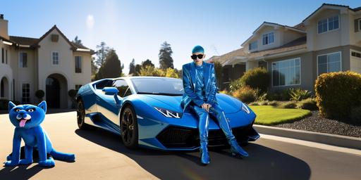 famous movie star catboy from pj mask in an exclusive limited edition blue Lamborghini in front of his expansive Hollywood estate posing for mtv cribs exclusive --s 50