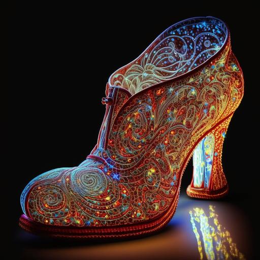 famous shoes , holographic pictures , dorothys ruby slippers , cinderellas glass slipper , intricate, insane detail, , up light , inner glow , strobe light --v 4 --q 2 --v 4