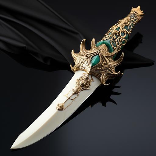 fancy dragontooth dagger, ornate blade and handle, ivory gold and emeralds