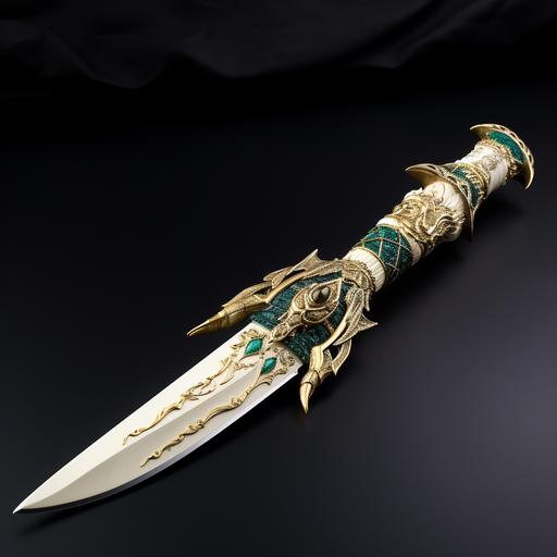 fancy dragontooth dagger, ornate blade and handle, ivory gold and emeralds