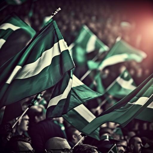 fans soccer whith green flags stadium