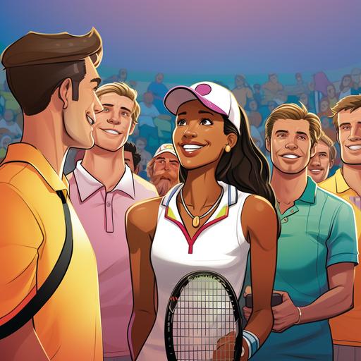 fans talk to a woman tennis player happily in court in colorful cartoon theme..make it a bit realistic