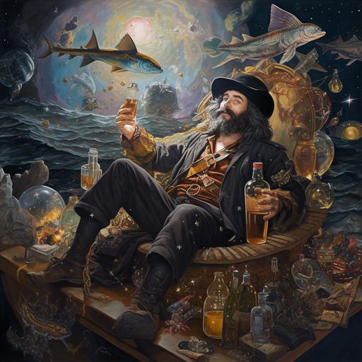 fantastical painting of rugged male pirate man with beard, pirate hat, bandana, ruffle shirt and pirate boots, drinking from a brown glass bottle, riding on top of a grey whale, floating on a sea of stardust, with space and stars, planets, comets, in background, silvers and golds in space, pirate sitting on top of a giant grey whale floating through space