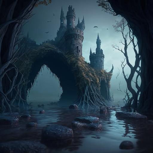fantasy, Loch Ness underwater mud castle, murky water environment, flying buttress, arches, mysterious, slime, seaweed, ultra detailed, 8k, unreal engine, volumetric lighting --v 4