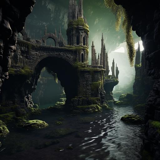 fantasy, Loch Ness underwater mud castle, murky water environment, flying buttress, arches, mysterious, slime, seaweed, ultra detailed, 8k, unreal engine, volumetric lighting --v 5.2
