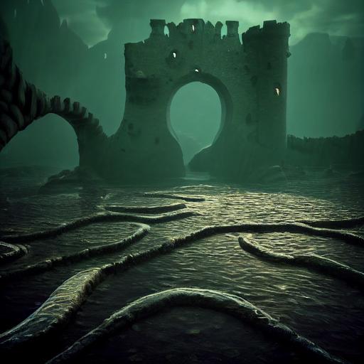 fantasy, Loch Ness underwater mud castle, murky water environment, flying buttress, arches, mysterious, slime, seaweed, ultra detailed, 8k, unreal engine, volumetric lighting --test --creative