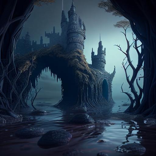 fantasy, Loch Ness underwater mud castle, murky water environment, flying buttress, arches, mysterious, slime, seaweed, ultra detailed, 8k, unreal engine, volumetric lighting --v 4