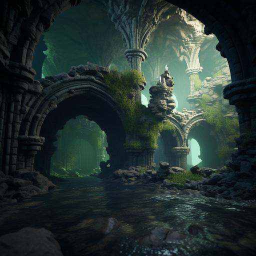 fantasy, Loch Ness underwater mud castle, murky water environment, flying buttress, arches, mysterious, slime, seaweed, ultra detailed, 8k, unreal engine, volumetric lighting --v 5.2