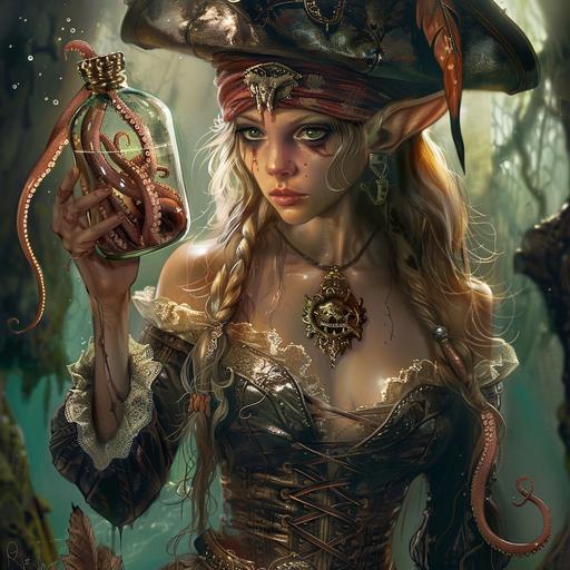 fantasy art, female elf wearing pirate hat, evil, elf pirate female, tough, holding an octopus in a glass jar, rough, fierce --v 6.0