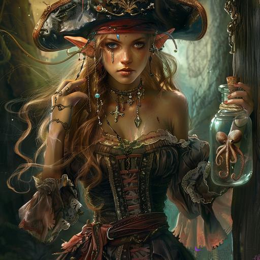 fantasy art, female elf wearing pirate hat, evil, elf pirate female, tough, holding an octopus in a glass jar, rough, fierce