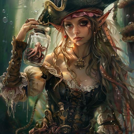 fantasy art, female elf wearing pirate hat, evil, elf pirate female, tough, holding an octopus in a glass jar, rough, fierce --v 6.0