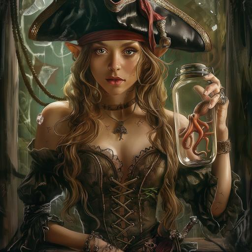 fantasy art, female elf wearing pirate hat, evil, elf pirate female, tough, holding an octopus in a glass jar, rough, fierce --v 6.0