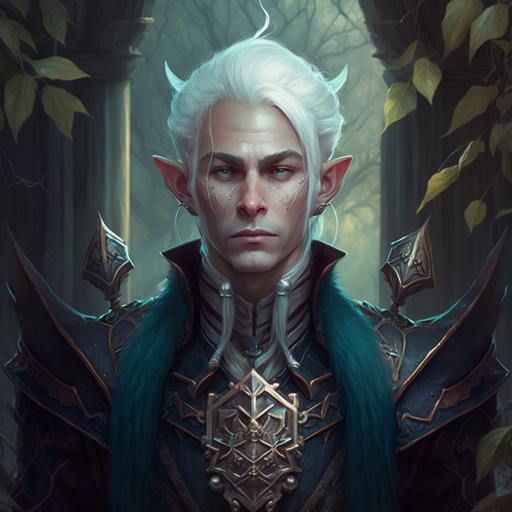 fantasy art, waist-high portrait, full-length fantasy portrait, middle-aged elf man, elf warcraft, white short hair, white hair combed back, long elf ears, pointed ears, turquoise color gothic style suit, english suit, high collar, dark blue shirt, decoration on the ears, adornment ears, square earrings on the ears, long gray eyebrows, white eyebrows the colors, the pose of the arms crossed under the chest, the moon in the background.
