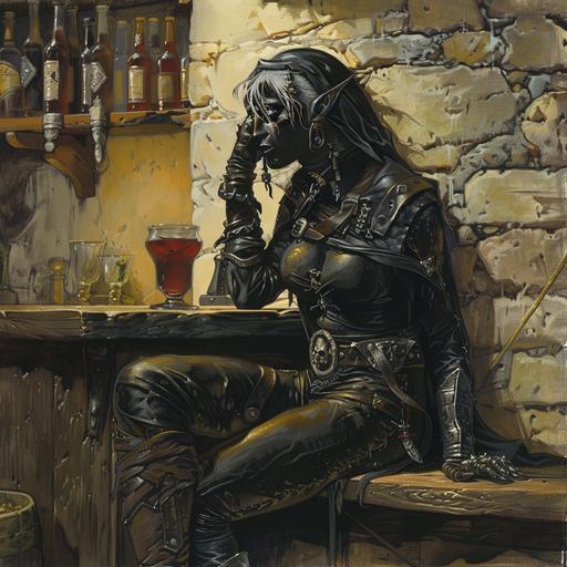 fantasy art. An illustration in the style of Larry Elmore. A black skinned drow elf dressed in dark leathers sits in the corner of a humble tavern. --v 6.0