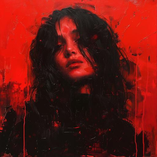 fantasy art. Portrait of a woman with should length black hair. Completely covered in bright red paint::4 Bright red LED light shining on her face. She has sharp black ram horns that curve out of her head.