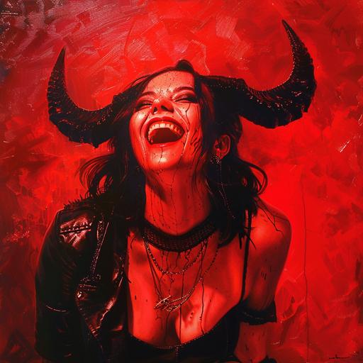 fantasy art. Portrait. Photorealism. A woman covered in bright red paint. She has shoulder length black hair. She has long pointed black ram horns coming out of her head. Devil. She laughs loudly. Leather clothing. Jewelry. Saturated red LED shining on her face.