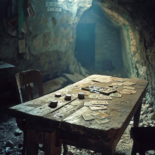 fantasy art. a wooden table in an abandoned underground room. The remains of a poker game with cards and coins sit on the table. --v 6.0