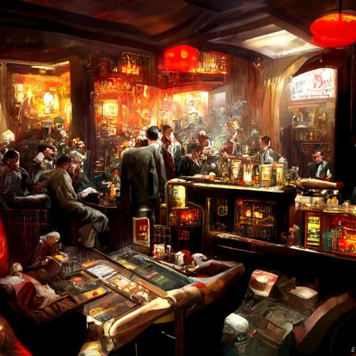 fantasy bar, lounge, men, suits, smoking, whisky, realism, mc donalds, santa clause, fighting, anger, bar, lots of men, gambling, money, poker, cats, sitting, tables, dark, 1920's bar, guns, maps, jugs of beer, bar tender