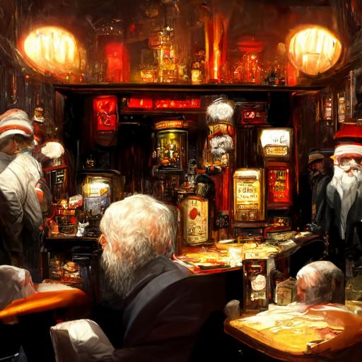 fantasy bar, lounge, men, suits, smoking, whisky, realism, mc donalds, santa clause, fighting, anger, bar, lots of men, gambling, money, poker, cats, sitting, tables, dark, 1920's bar, guns, maps, jugs of beer, bar tender