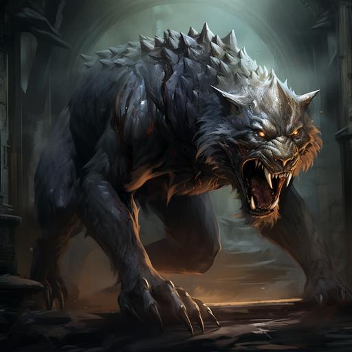fantasy beast catlike scary wolf fangs gigantic can ride muscular claws magical