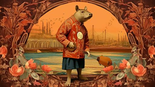fantasy capybara bard baseball game in a adire-styled polyester bolero jacket in front of bloomcore forecastle , mitternacht bolero jacket by charles de vilmorin , chromolithography --no text --ar 16:9 --seed 6500 --style raw