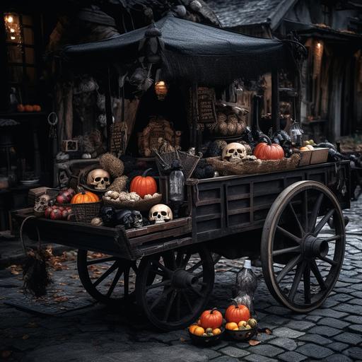 fantasy cart on cobblestone roads, stall selling gothic items, black hats, skulls, spooky trinkets, Halloween stand, dark, occult, creepy