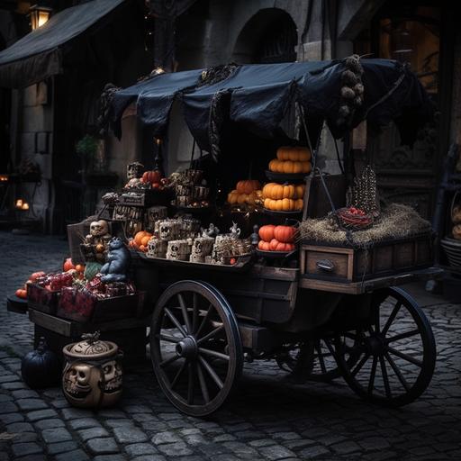 fantasy cart on cobblestone roads, stall selling gothic items, black hats, skulls, spooky trinkets, Halloween stand, dark, occult, creepy