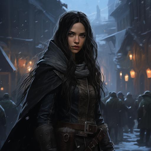 fantasy character sketch, female elf, rogue thief, long dark hair, kind face, soft features, dark leather and wool outfit, wielding a stiletto dagger, wintery medieval fantasy town background, lots of snow and ice --s 250