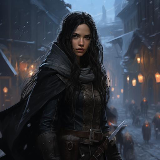 fantasy character sketch, female elf, rogue thief, long dark hair, kind face, soft features, dark leather and wool outfit, wielding a stiletto dagger, wintery medieval fantasy town background, lots of snow and ice --s 250