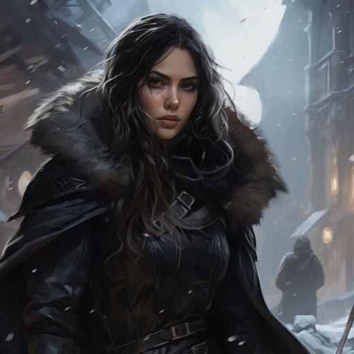 fantasy character sketch, female elf, rogue thief, long dark hair, kind face, soft features, dark heavy winter cloak of leather and furs, wielding a stiletto dagger, wintery medieval fantasy town background, lots of snow and ice --s 250