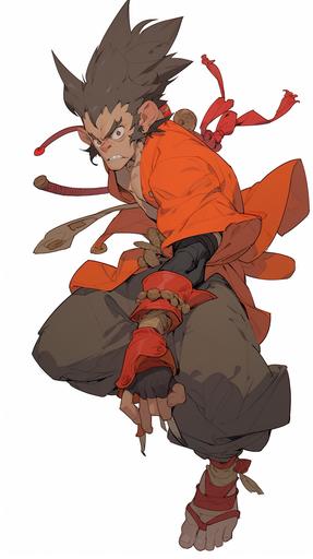 fantasy china background, Sun Wukong as smartass kunfu fighter, Sun Wukong has funny monkey face and is quite sickly in appearance and skin on bones and has pointy ears and sunken cheeks, hard outlines, Toriyama, samurai champloo --stylize 350 --weird 7 --chaos 1 --niji 5 --style expressive --ar 9:16