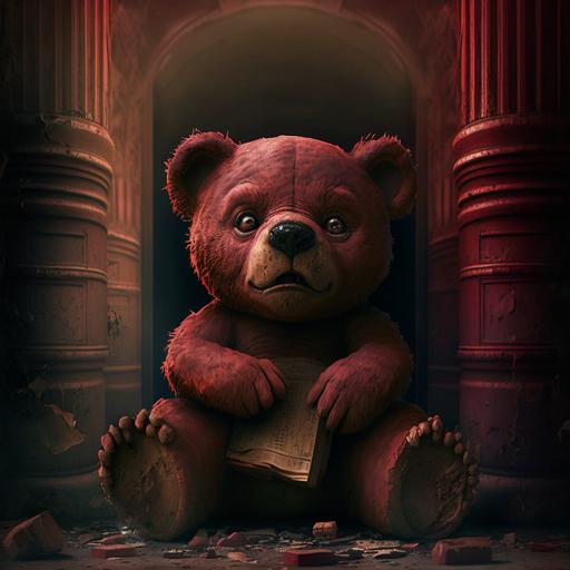 fantasy creature red teddy bear, ripped hole with teeth and a tongue sticking out, serious and gritty atmosphere, surreal library background, full body, 8k resolution, HD, cinematic lighting, photorealistic, digital art, character concept, oil painting --v 4