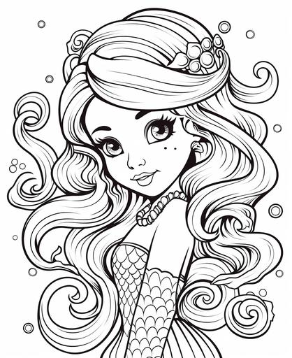fantasy cute mermaid coloring book pages for children, simple low detail, no color, thick lines, cartoon style, no shading, white fill --ar 9:11