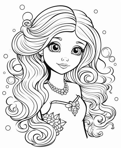 fantasy cute mermaid coloring book pages for children, simple low detail, no color, thick lines, cartoon style, no shading, white fill --ar 9:11
