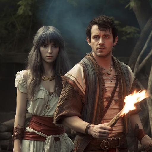 fantasy fire evocators characters. Emo girl. Mage guy. Medieval. CGI. High quality. Hyper realistic.
