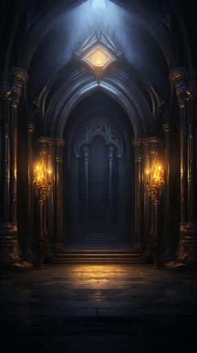 fantasy gothic background in the game style dark grey, navy and gold lights --ar 9:16