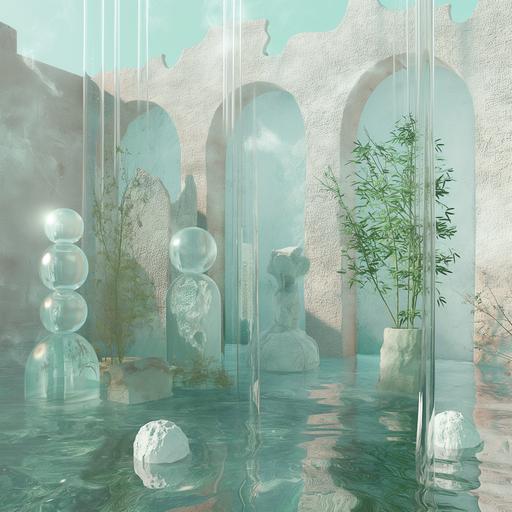 fantasy, horror, world, with water and tall glass statues and plants green blue white pink, hyper realistic 4d surreal, abstract, minimal, texture, minimalism
