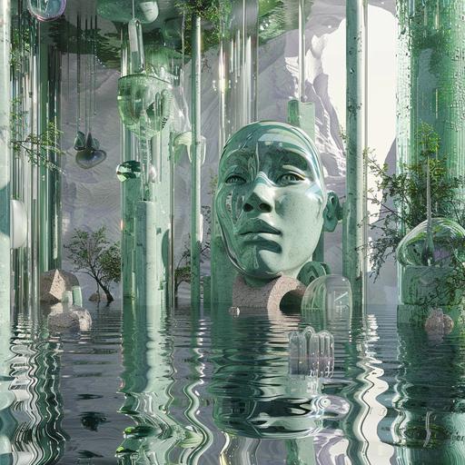 fantasy, horror, world, with water and tall glass statues and plants green blue white pink, hyper realistic 4d surreal, abstract, minimal, texture, minimalism