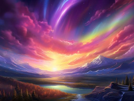 fantasy landscape, rolling hills, aurora borealis, purple skies, cirrus clouds, clouds at sunset, aurora, green light, purple light, red light, sunlight, setting sun, sun halo, sun dog, angelic light, --ar 4:3