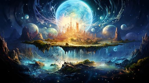 fantasy music planet setting, music notes, music art, music land --ar 16:9