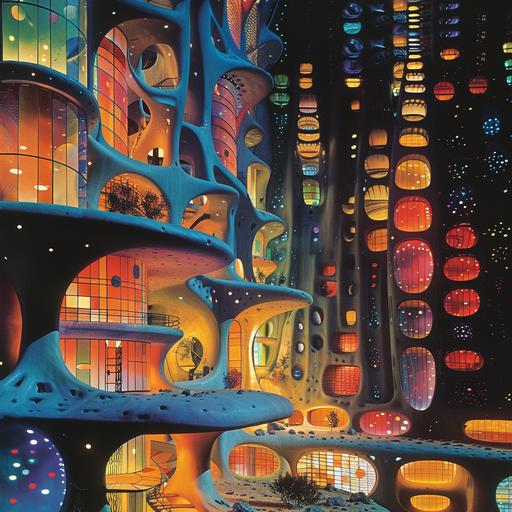 fantasy phosphorescent architecture of beecomb village ,with glowing isometric mushroom creatures,a painted artwork overdose ,60s style by zaha hadid and henri fatin-latour --chaos 20 --stylize 300 --v 6.0