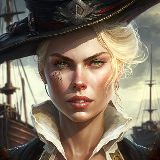fantasy portrait of Charlize Theron as a wickedly beautiful vampire pirate, docked pirate ships in the background, captains hat on her head, pale skin, pale blonde hair, dead looking eyes, pale white eyes, fangs for teeth