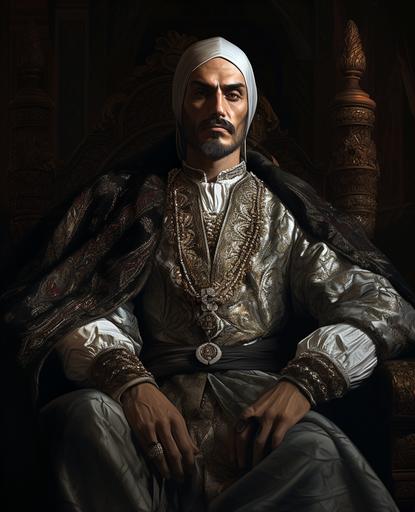 fantasy richly-painted digital character portrait of a gorgeous 1700s Ottoman Turks Man, 42 years old, vampire, with painted skin, a dark cape, wearing a silver-white 1700s Oriental luxurious dress, wearing silver ornaments, sitting, looking at the camera, fantasy, digital painting, front view, full detail, long shot, wide angle, vivid color, hyper-detailed, beautifully color-coded, insane details, intricate details, beautifully color graded, insanely detailed and intricate, elegant, super detailed, ultra-detailed, intricate details, full color, cinematic --ar 17:21 --v 5.2
