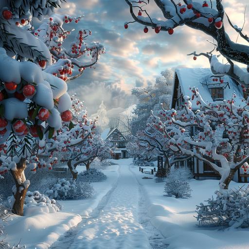 fantasy setting, small snowy village orchard, lots of snow, apple trees with red apples,