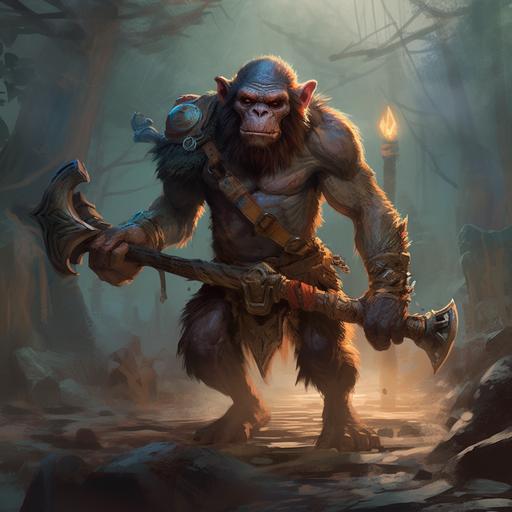fantasy skinny mad ape chimpanzee warrior in super dynamic walking pose, realistic character, dynamic composition, like a movie poster, style of hearthstone and diablo and world of warcraft, artstation, concept art, character design --s 750 --q 2 --v 5