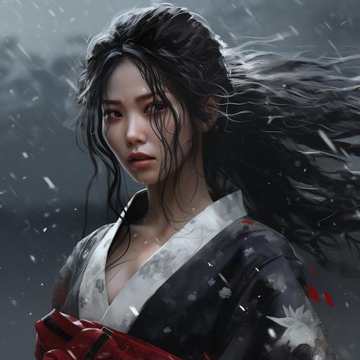 fantasy style, japanese woman, samurai, demonic, painted, hd, hair blowing in the wind, highly detailed super realistic, red eyes, grey mood, grey sky, rain, sorrow feeling, low angle