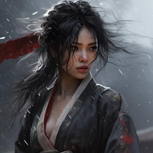 fantasy style, japanese woman, samurai, demonic, painted, hd, hair blowing in the wind, highly detailed super realistic, red eyes, grey mood, grey sky, rain, sorrow feeling, low angle