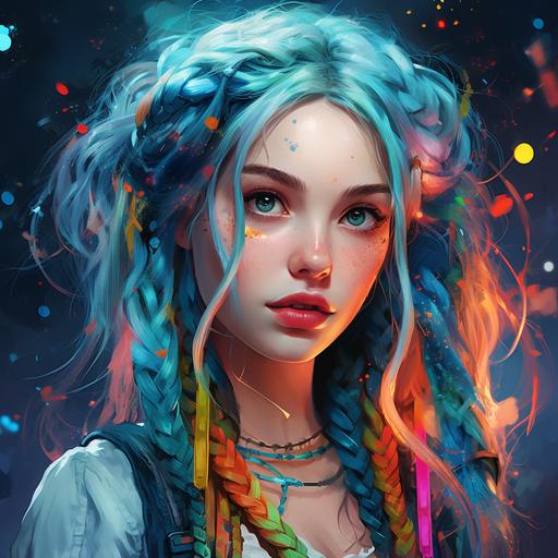 fantasy theme of a young lady, dungeons and dragons, elf ears, freckles, pale skin, button nose, cute face, bright blue eyes, teal hair in thick braids, hair ribbons, colorful, vibrant neon colours, sparkly, glitter, pretty, dangly earrings, flute